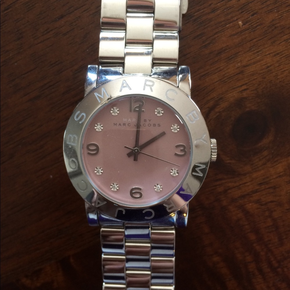 Marc Jacobs Silver and Pink Watch with Rhinestones